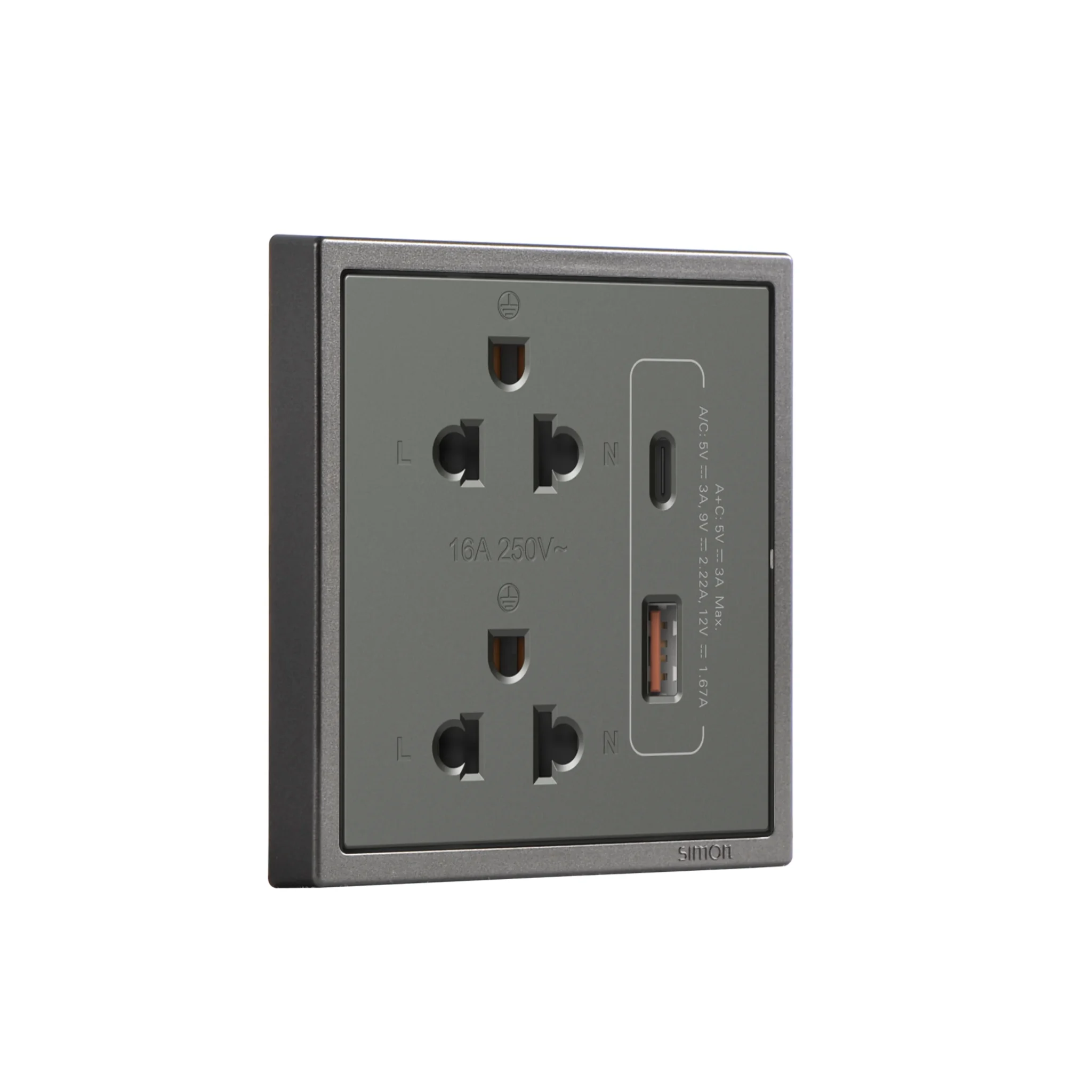 SIMi7-102LUSBC-GR เต้ารับปลั๊กคู่ 3 รู มีม่านนิรภัย พร้อมที่ชาร์จ USBและUSB-C - Image 5